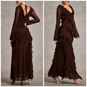 New Glam Chiffon Ruffle Tie Backless Maxi Dress Brown